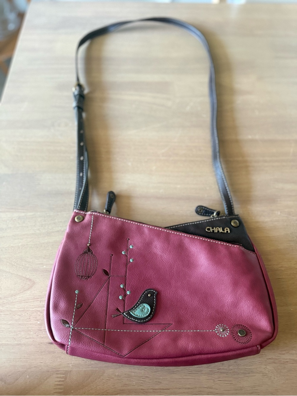 Chala Berry Pink Bird Cross Crossbody Tote Bag Purse Faux Leather